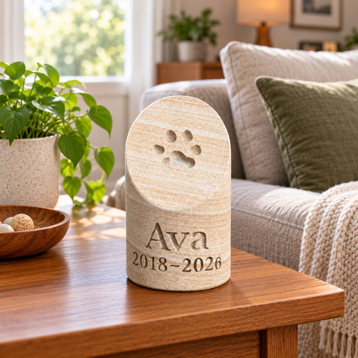 Personalised Sandstone Paw Print Pillar Pet Memorial (17cm x 10cm)
