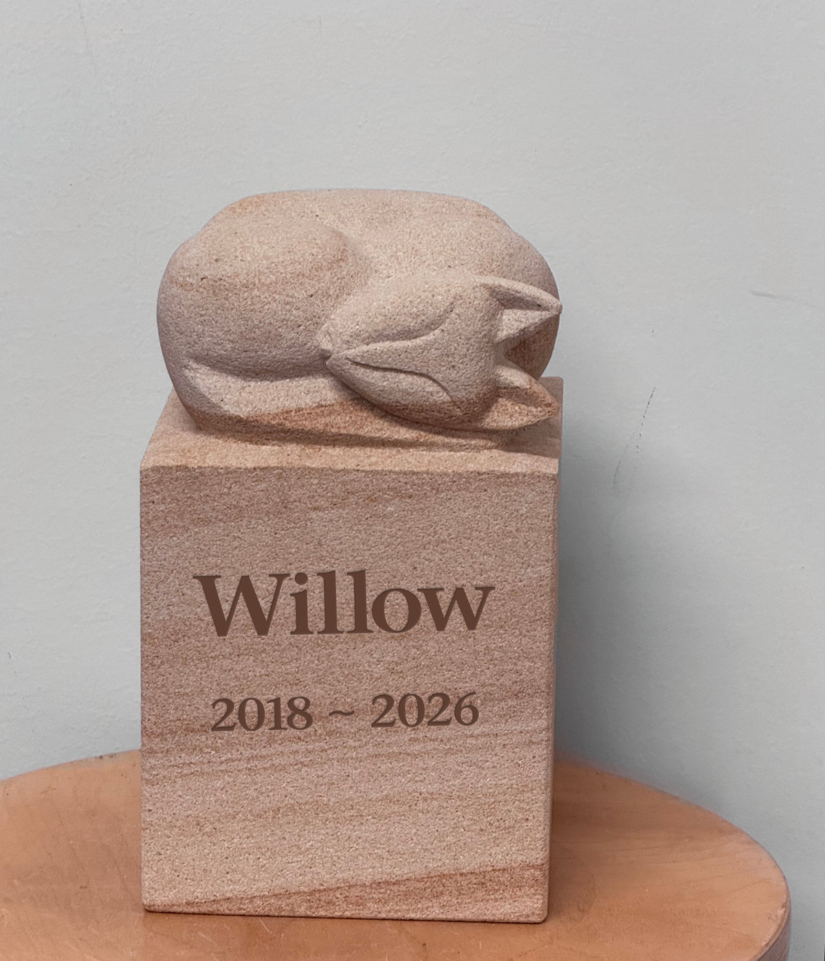 Personalised Sandstone Cat Urn with Hand-Carved Sleeping Cat