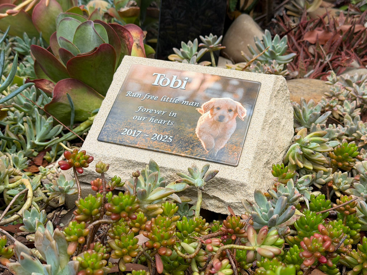 Personalised Sandstone Pet Memorial with Full Colour Photo Plaque